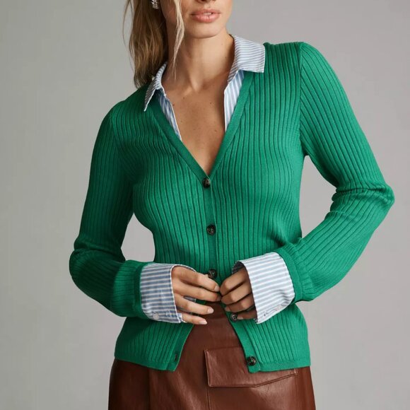 Anthropologie Maeve Layered Twofer Ribbed Cardigan Sweater Kelly Green XL - Picture 1 of 10